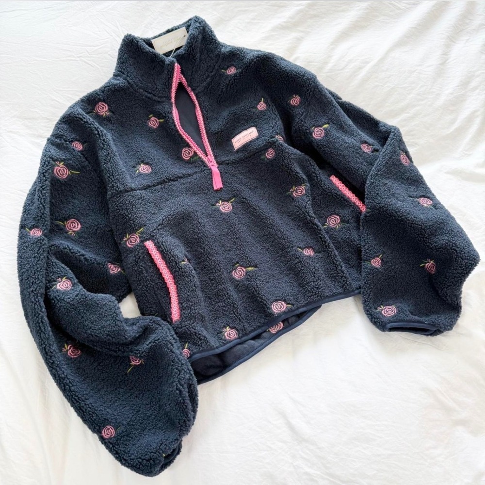 Simply Southern Taylor 1/2 Zip Sherpa Pullover Navy Pink Rose Embroidered XL - Picture 2 of 7